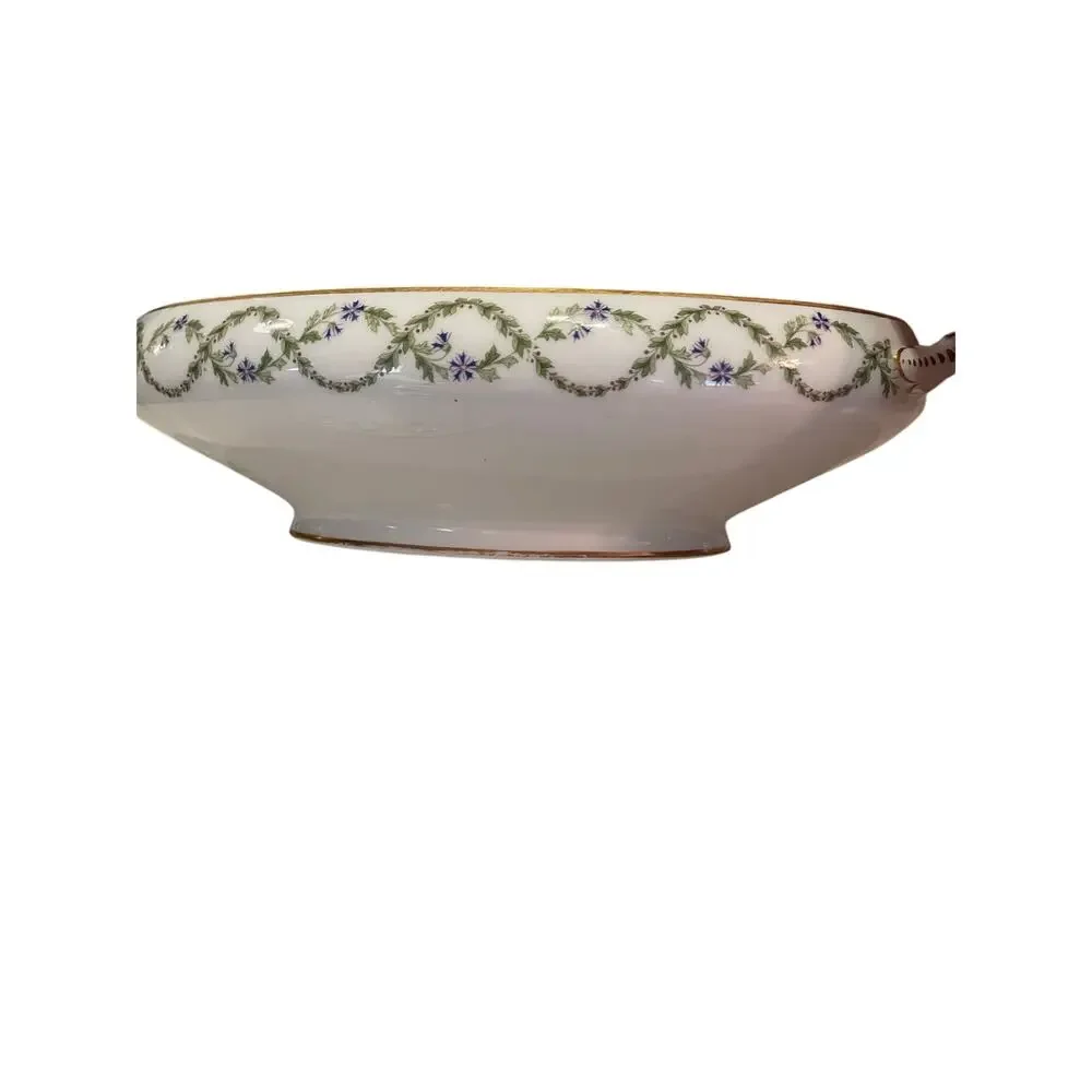 Vtg Limoge France oval vegetable dish green garland blue floral swag gold detail